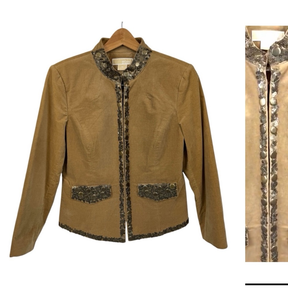 Michael Kors velvet tan tailored blazer metallic sequins & stand collar NWOT 10